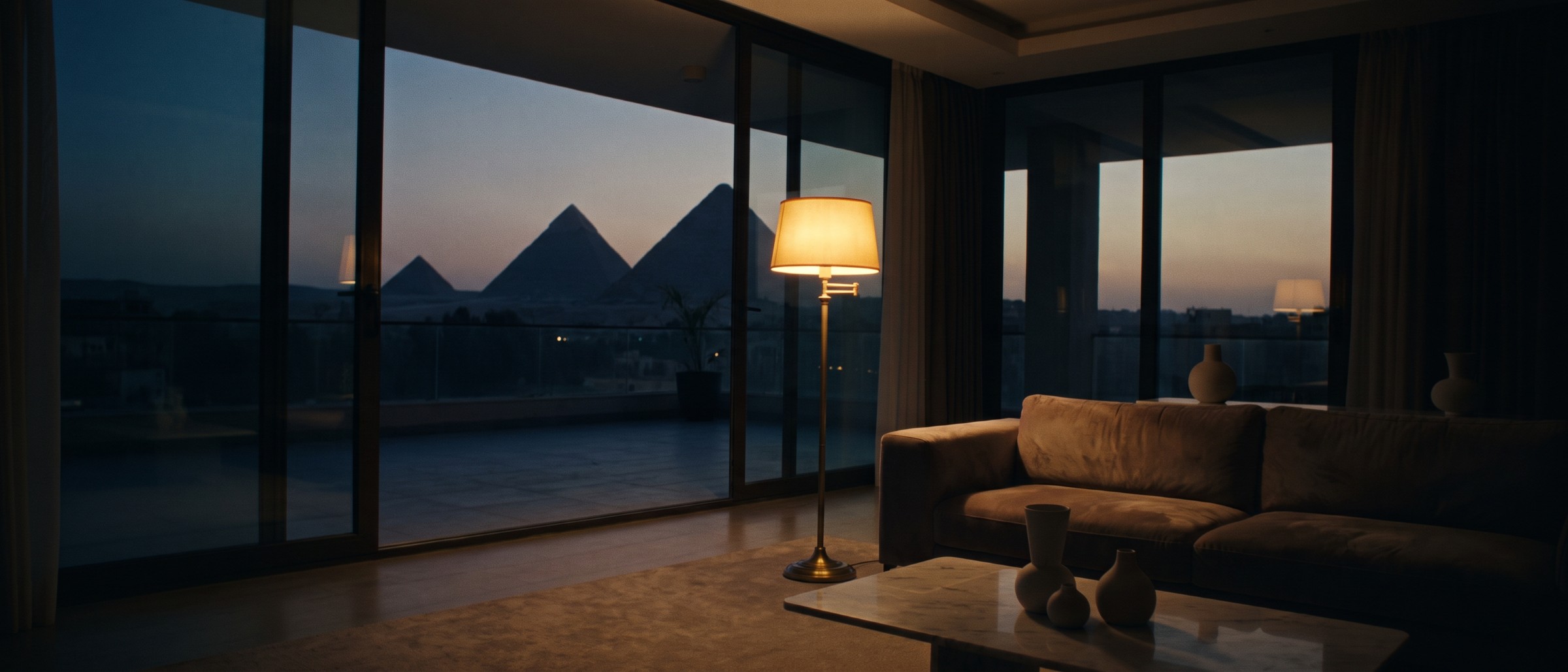 شرفة بنتهاوس سكوب عند الغروب بإطلالة على أهرامات الجيزة